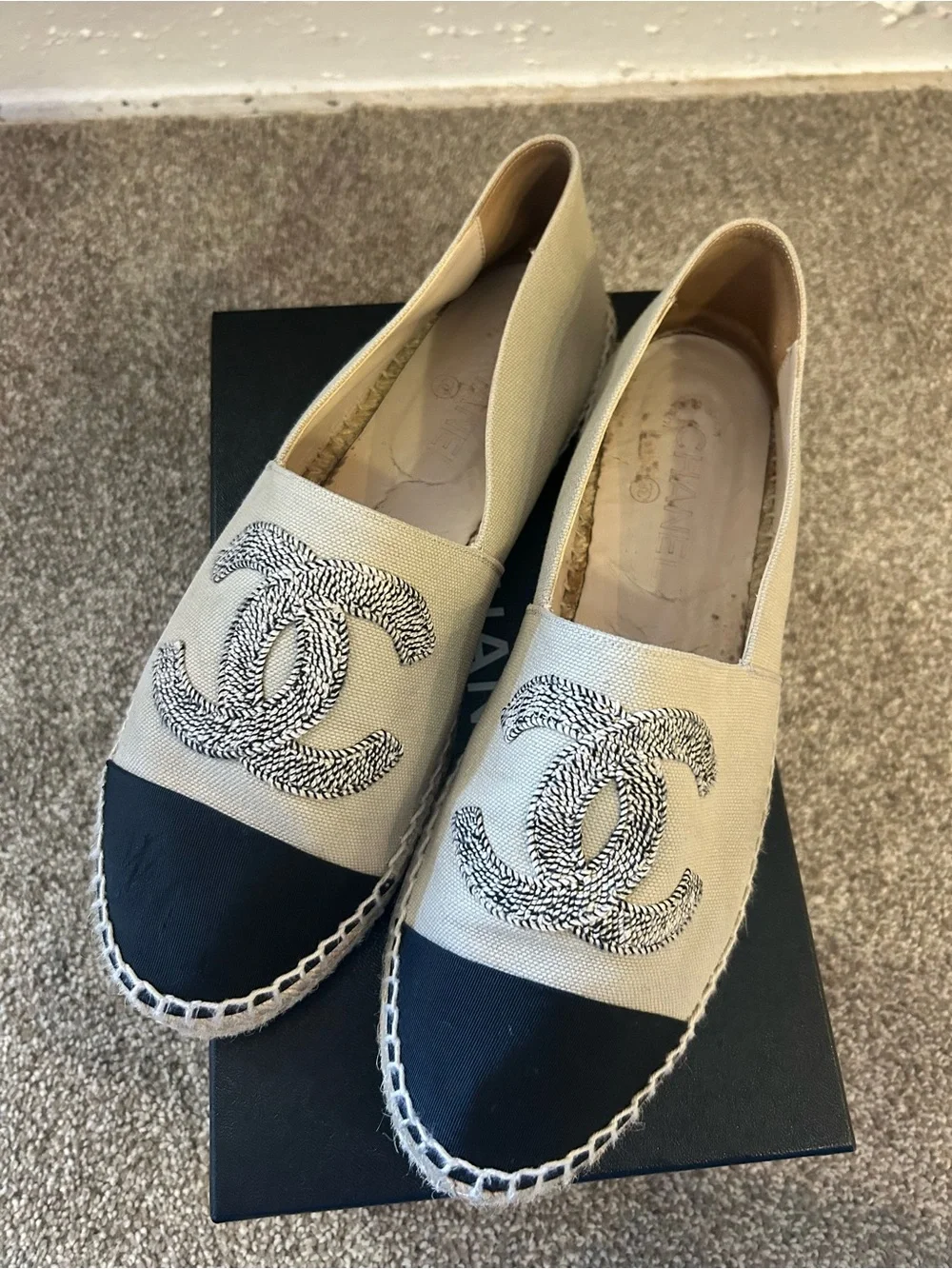 Chanel Beige & Black Canvas Espadrille Flats
